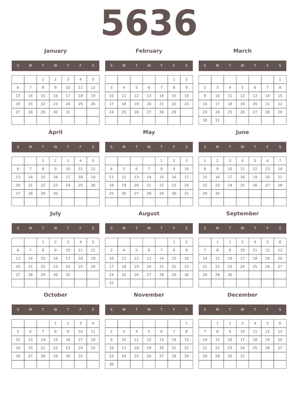 Printable 5636 Year Calendars wenge