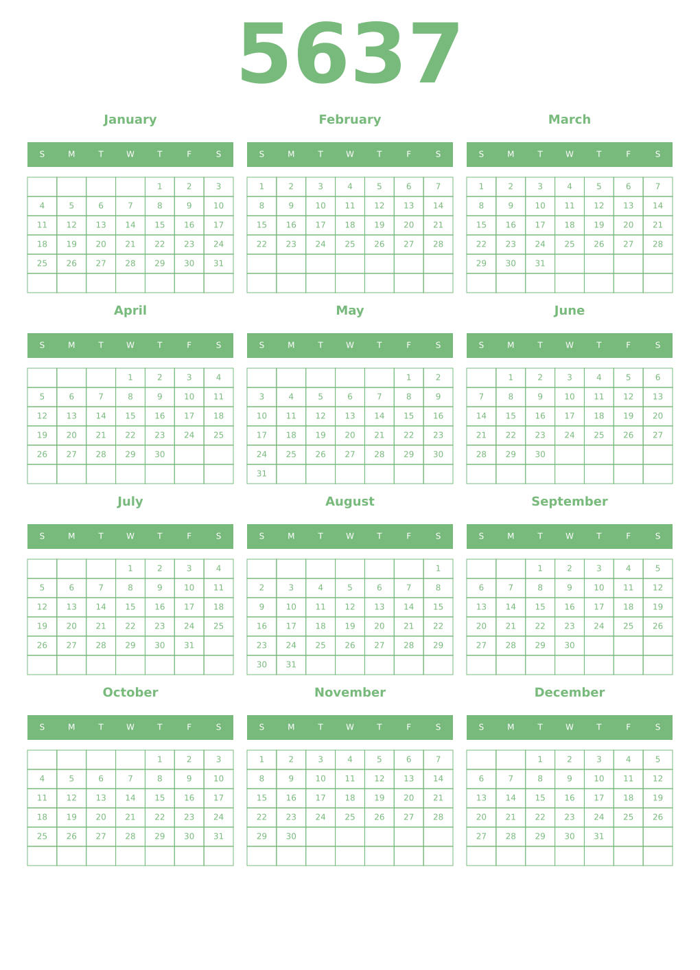 Printable 5637 Year Calendars celadon