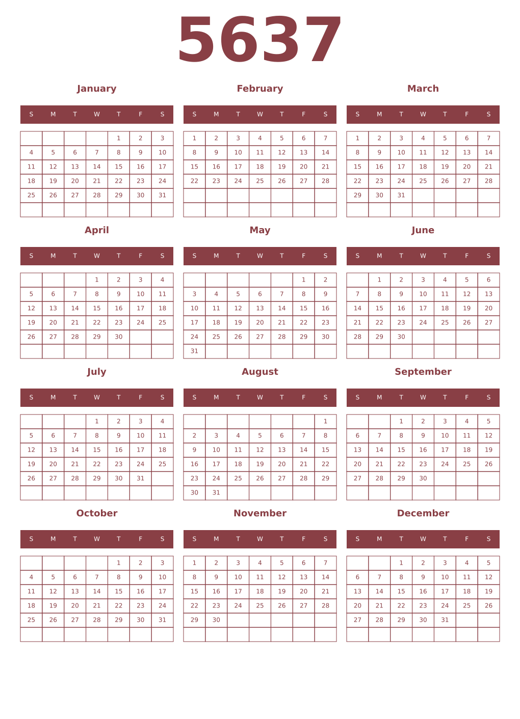 Printable 5637 Year Calendars cordovan