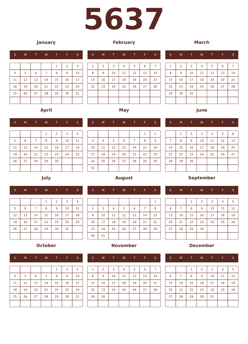 Printable 5637 Year Calendars mortuum