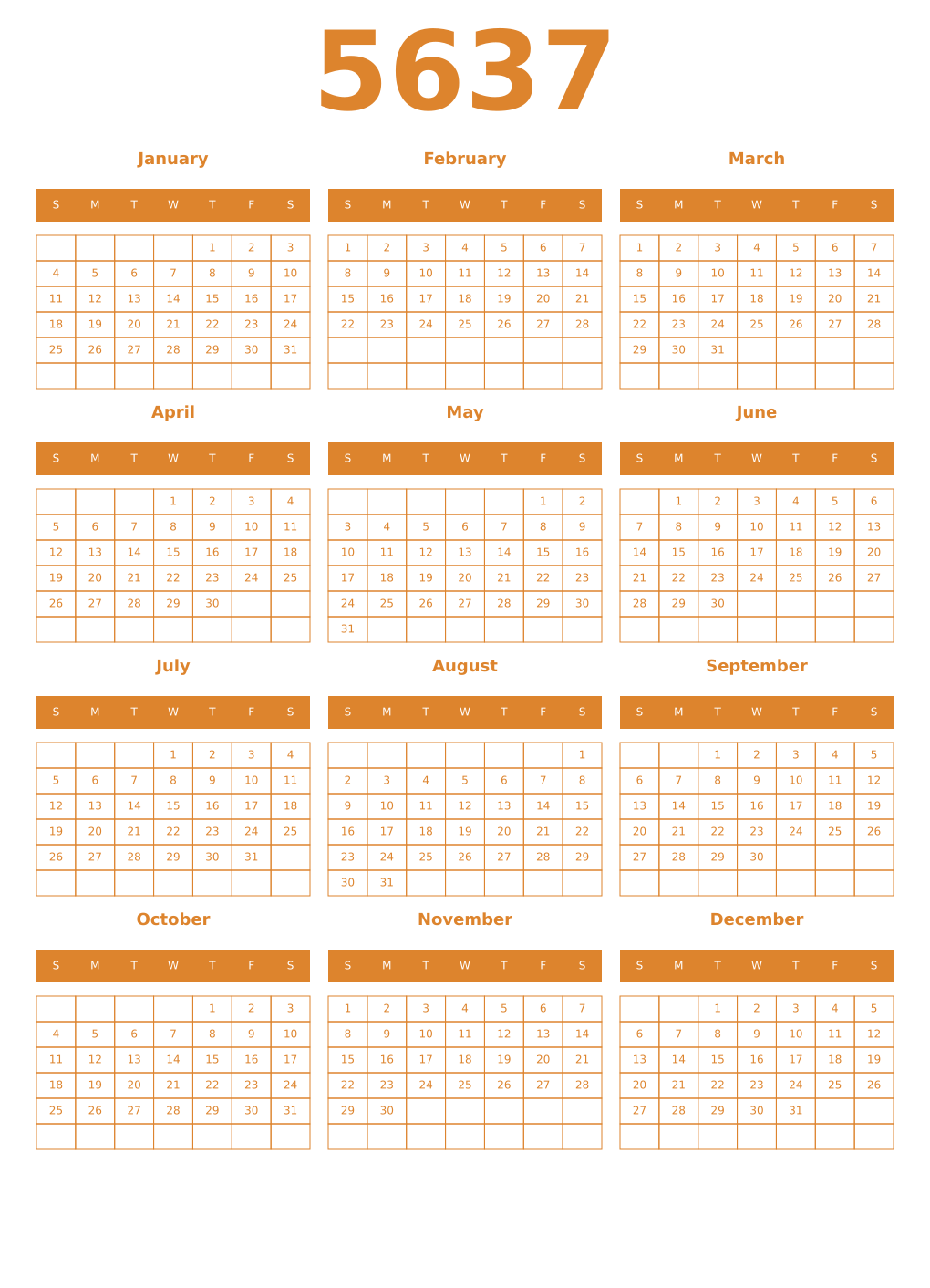 Printable 5637 Year Calendars orange
