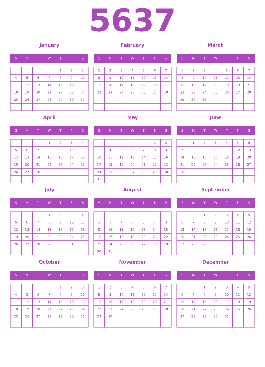 Printable 5637 Year Calendars purple