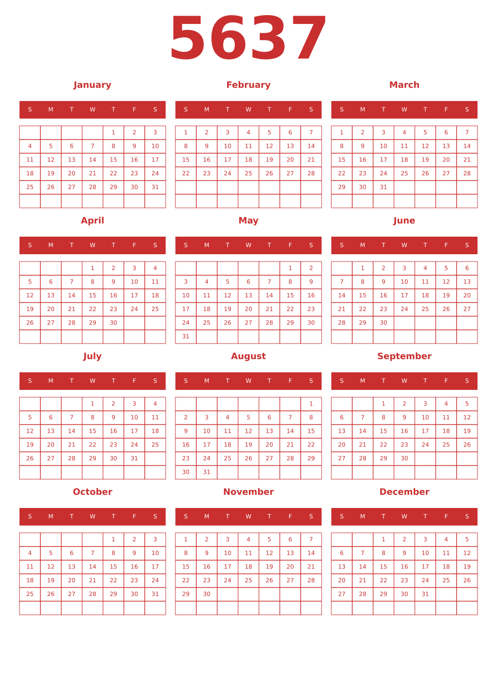 Printable 5637 Year Calendars red