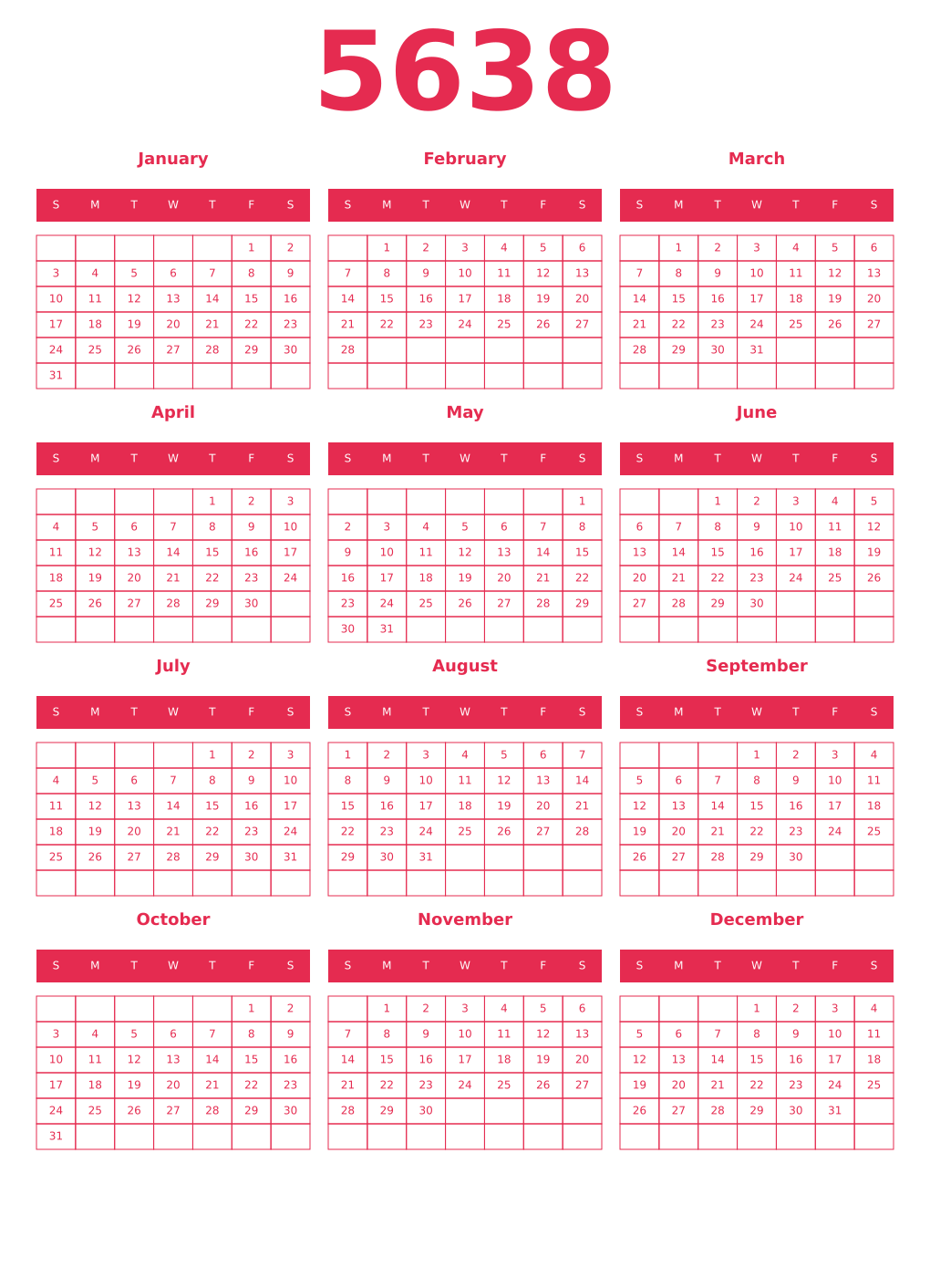 Printable 5638 Year Calendars amaranth