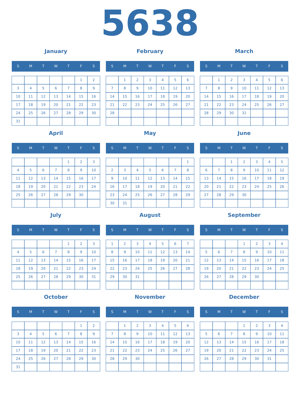 Printable 5638 Year Calendars blue