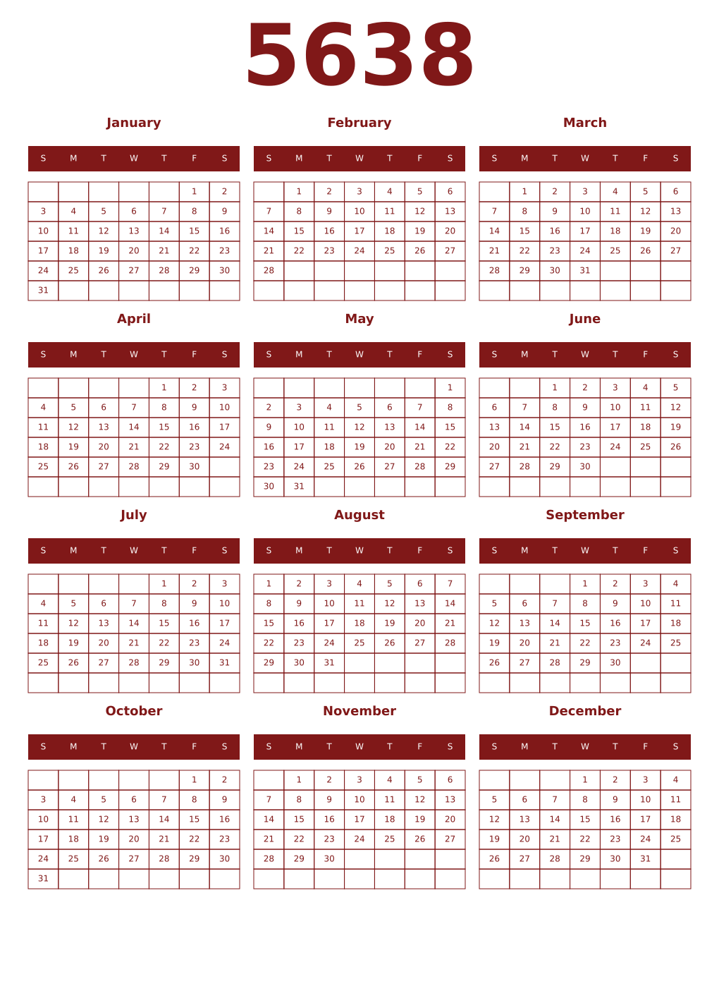Printable 5638 Year Calendars falu