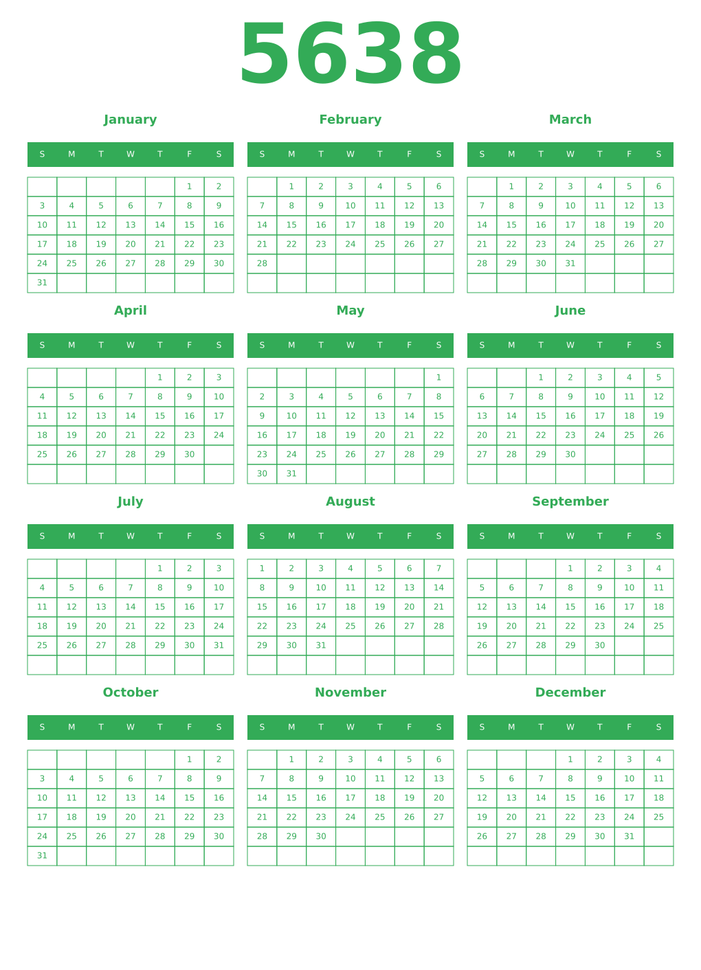 Printable 5638 Year Calendars green