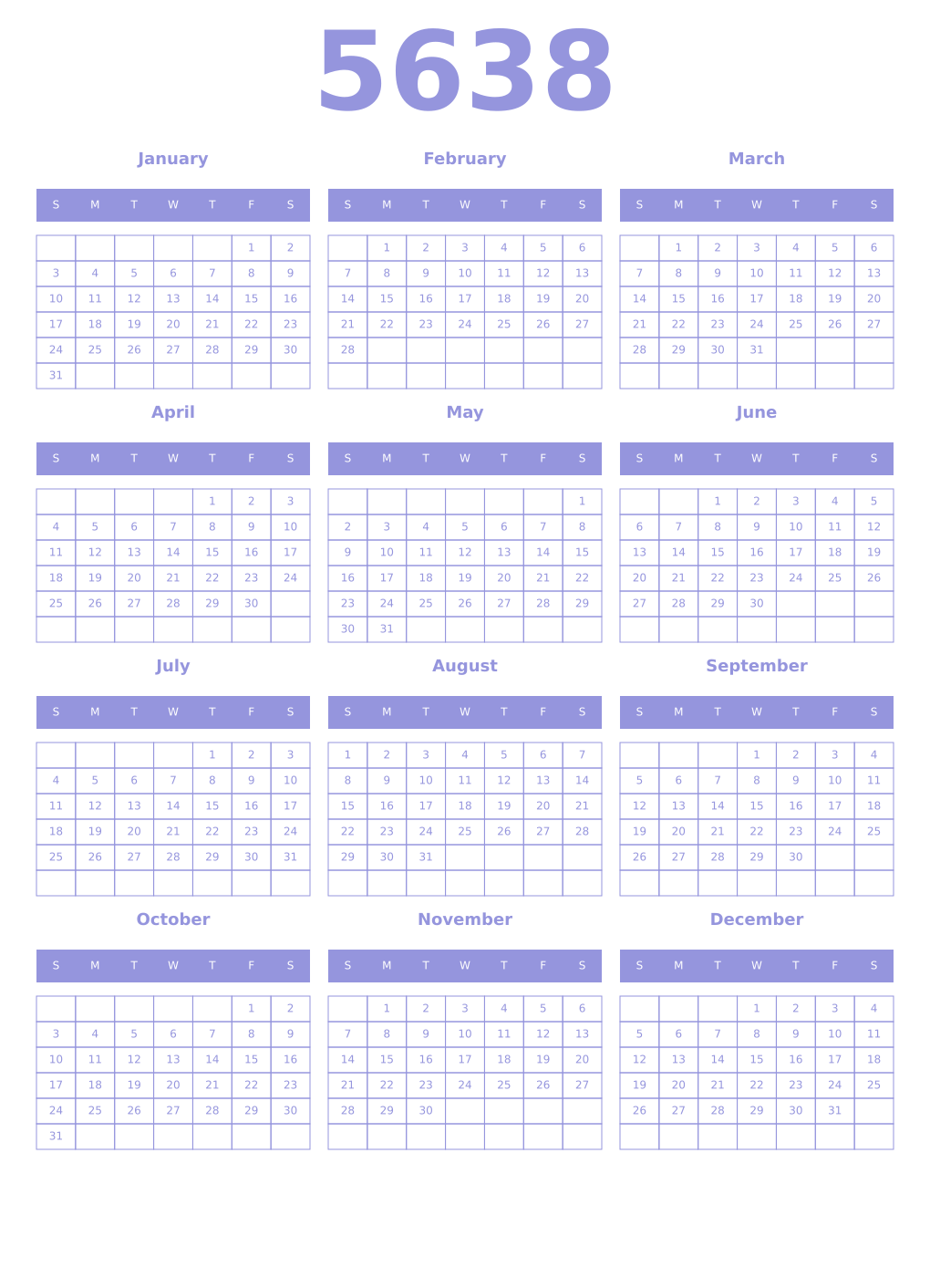 Printable 5638 Year Calendars periwinkle