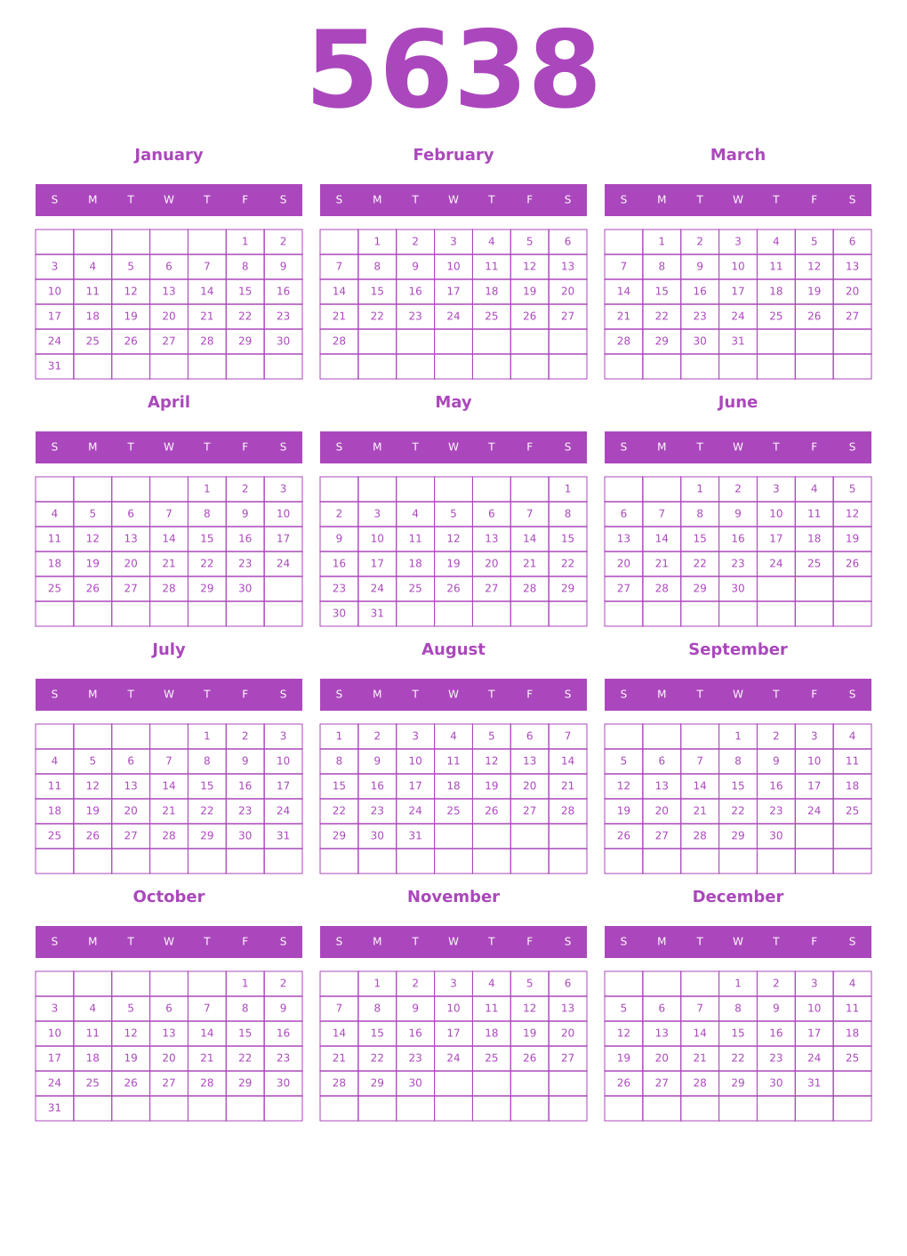 Printable 5638 Year Calendars purple
