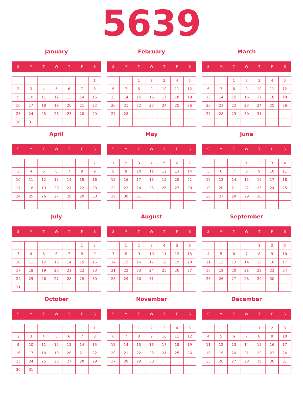 Printable 5639 Year Calendars amaranth