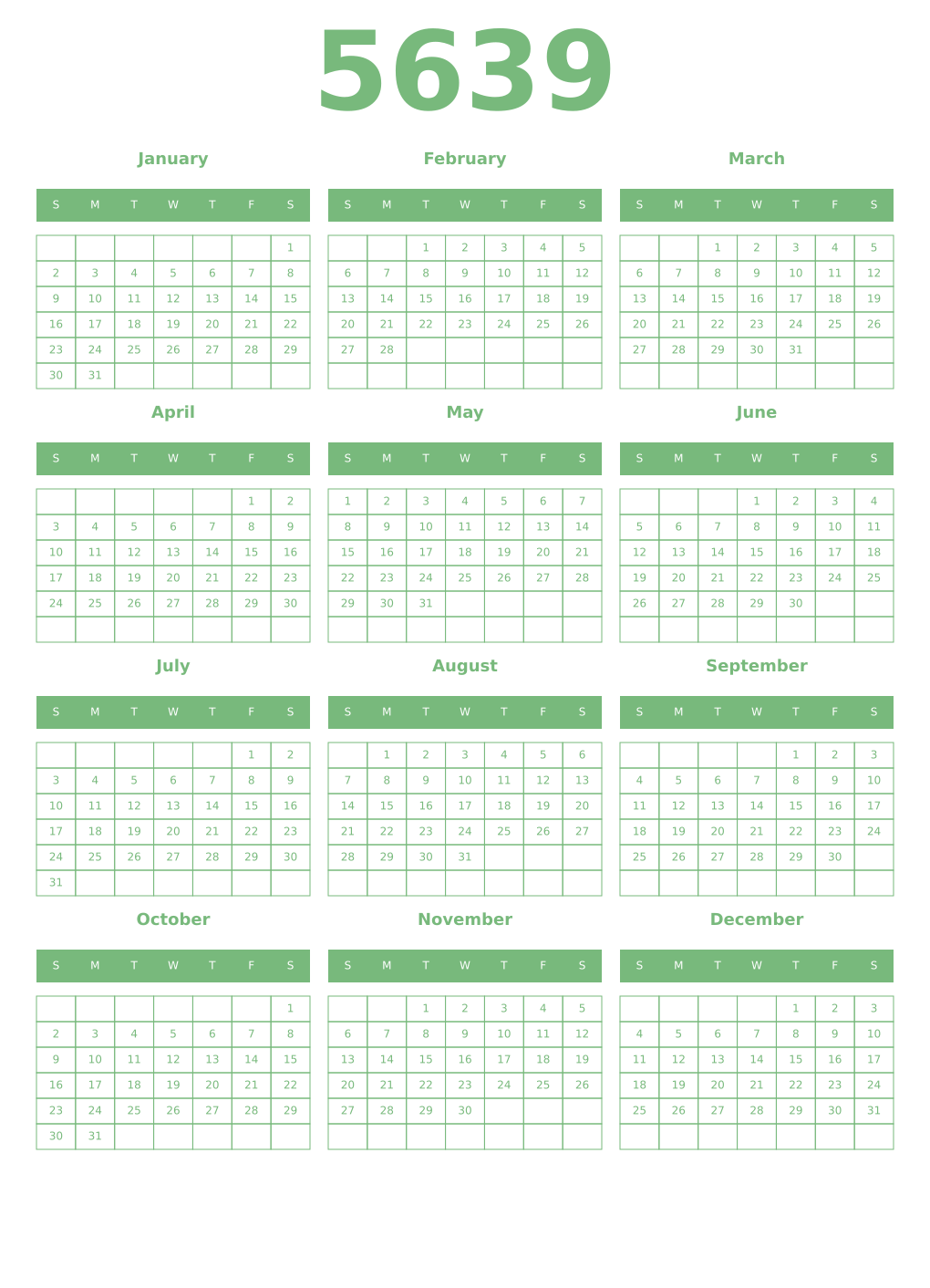 Printable 5639 Year Calendars celadon