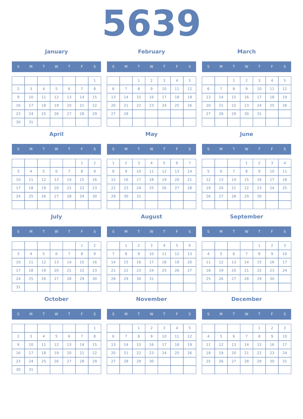 Printable 5639 Year Calendars glaucous