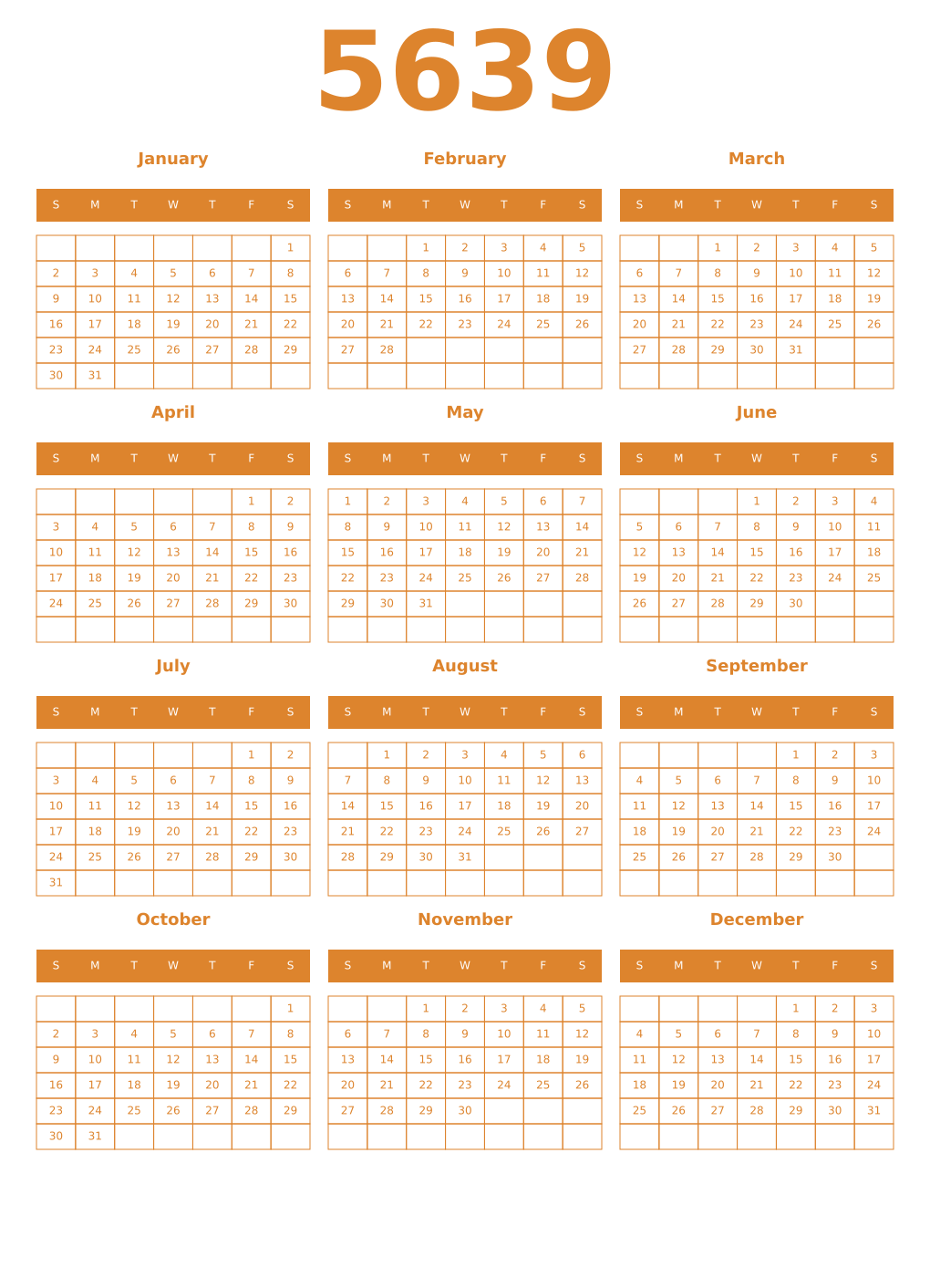 Printable 5639 Year Calendars orange