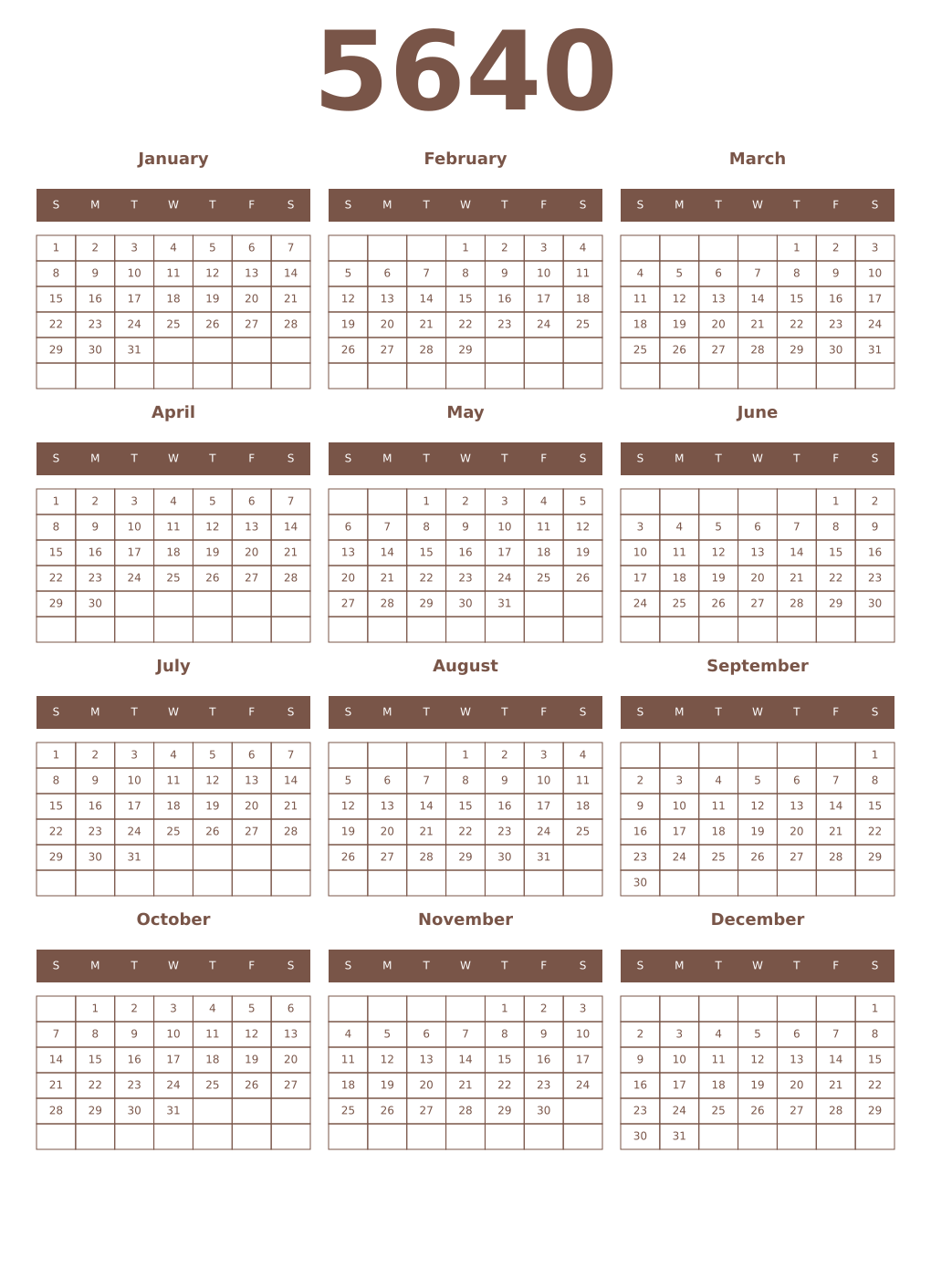 Printable 5640 Year Calendars coffe