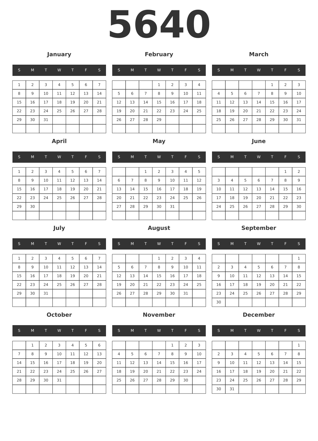 Printable 5640 Year Calendars dark