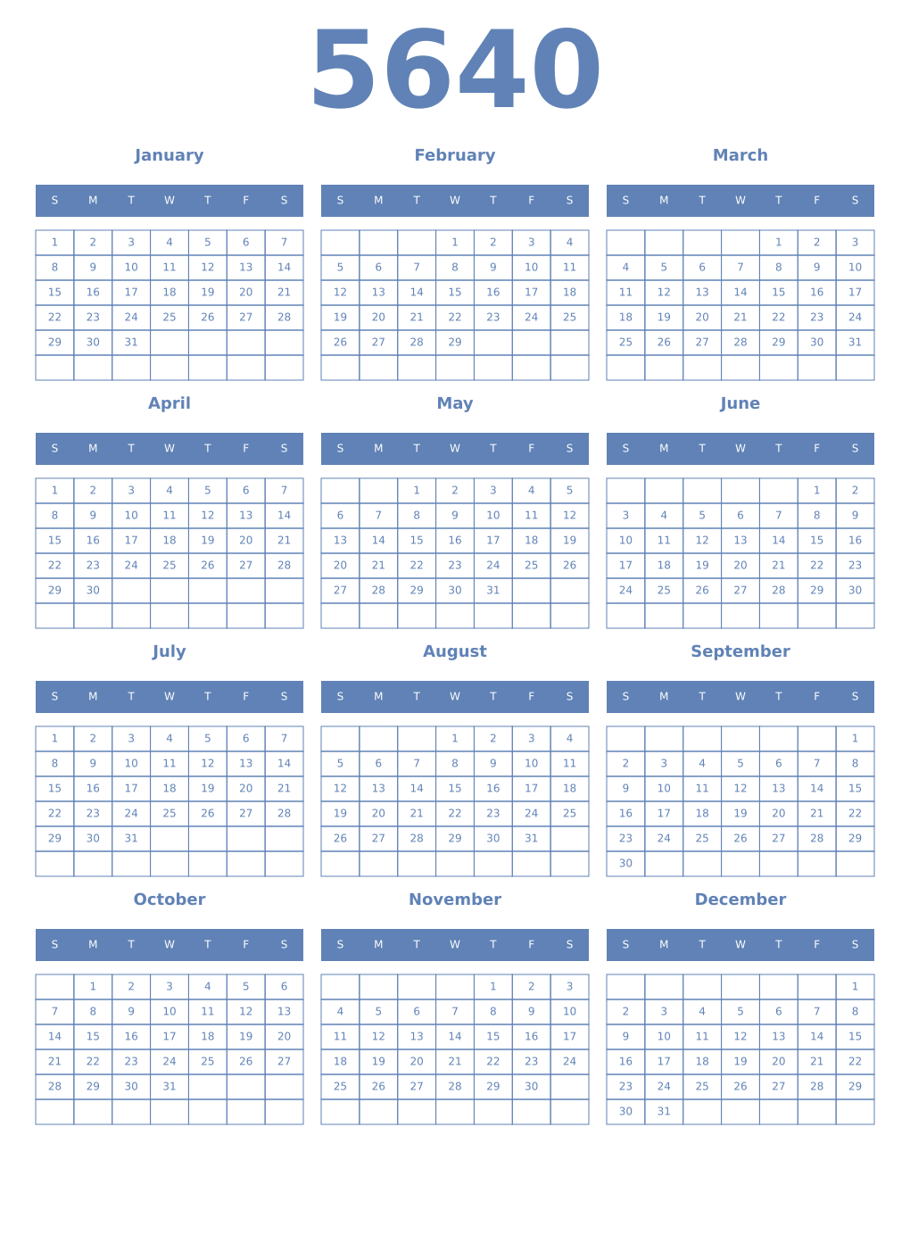 Printable 5640 Year Calendars glaucous