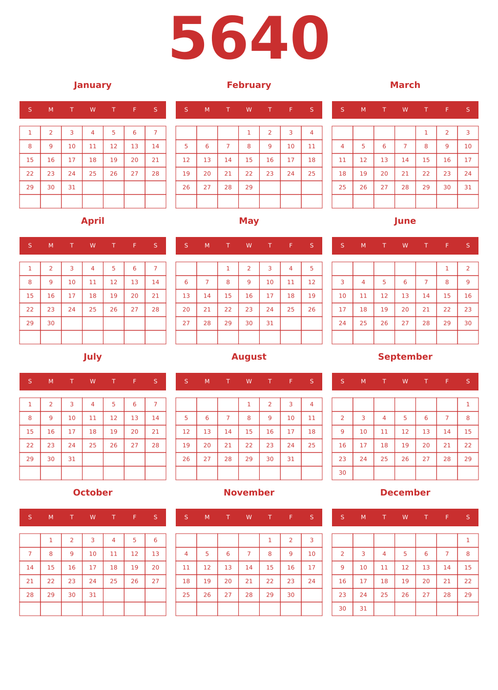 Printable 5640 Year Calendars red