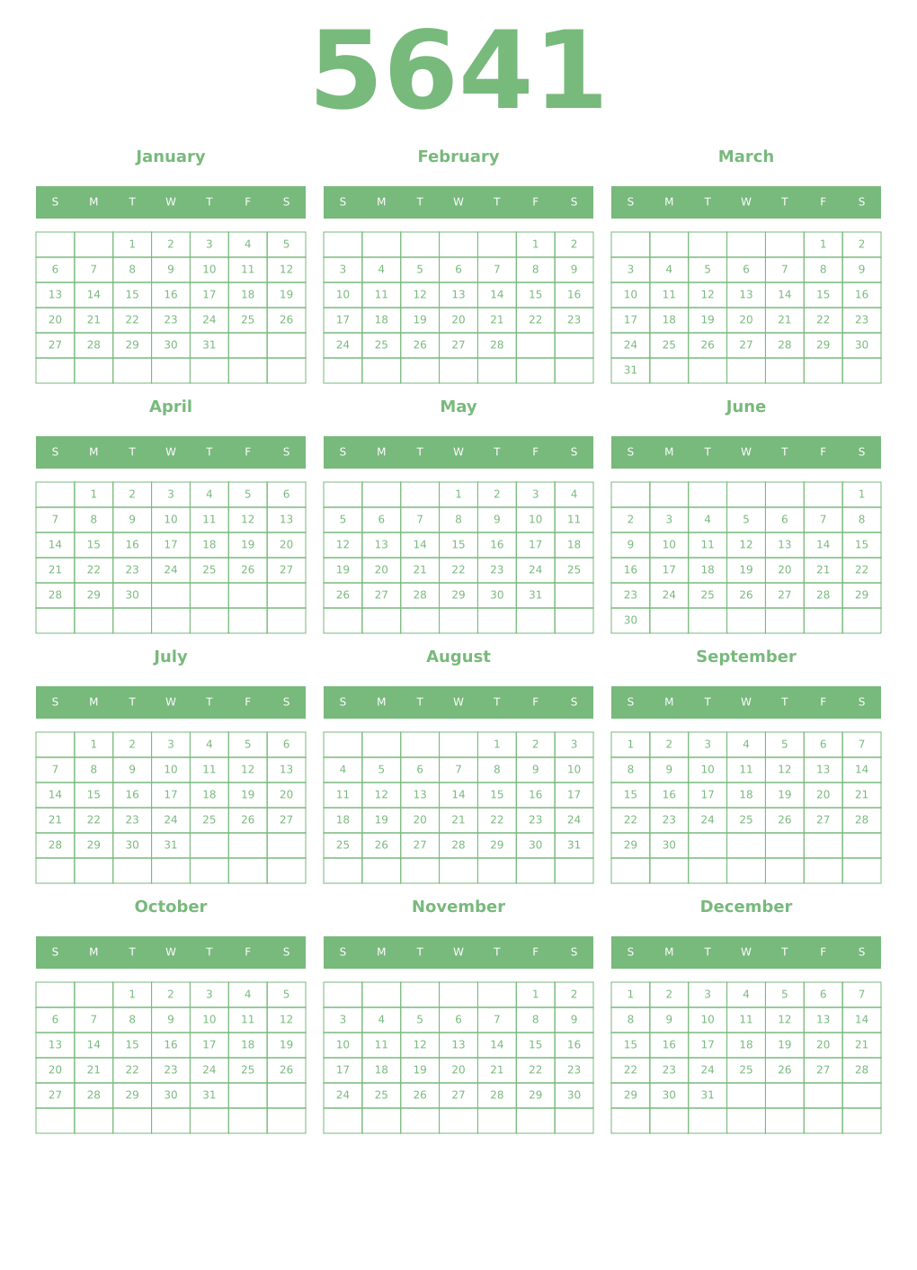 Printable 5641 Year Calendars celadon