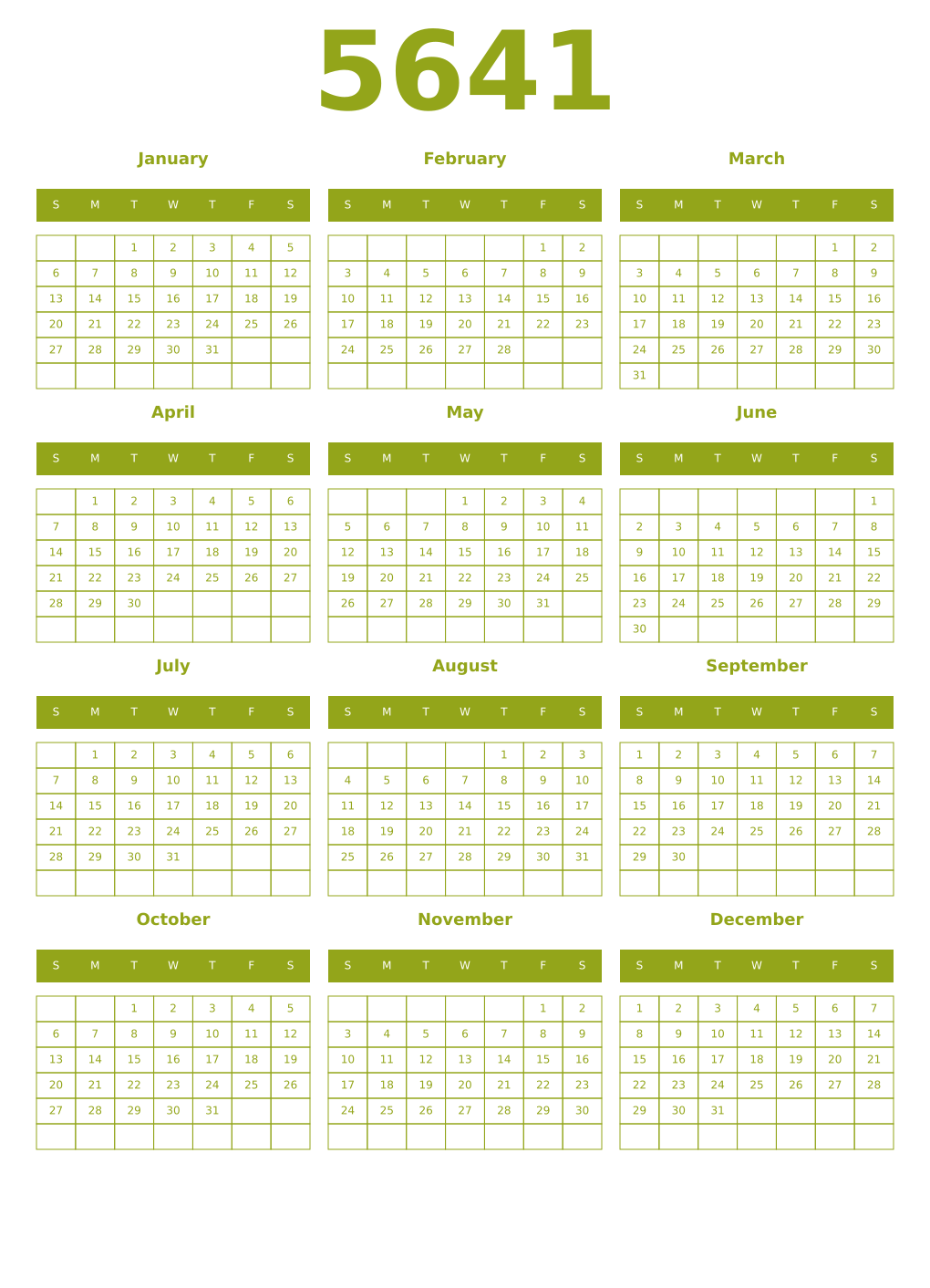 Printable 5641 Year Calendars chartreuse