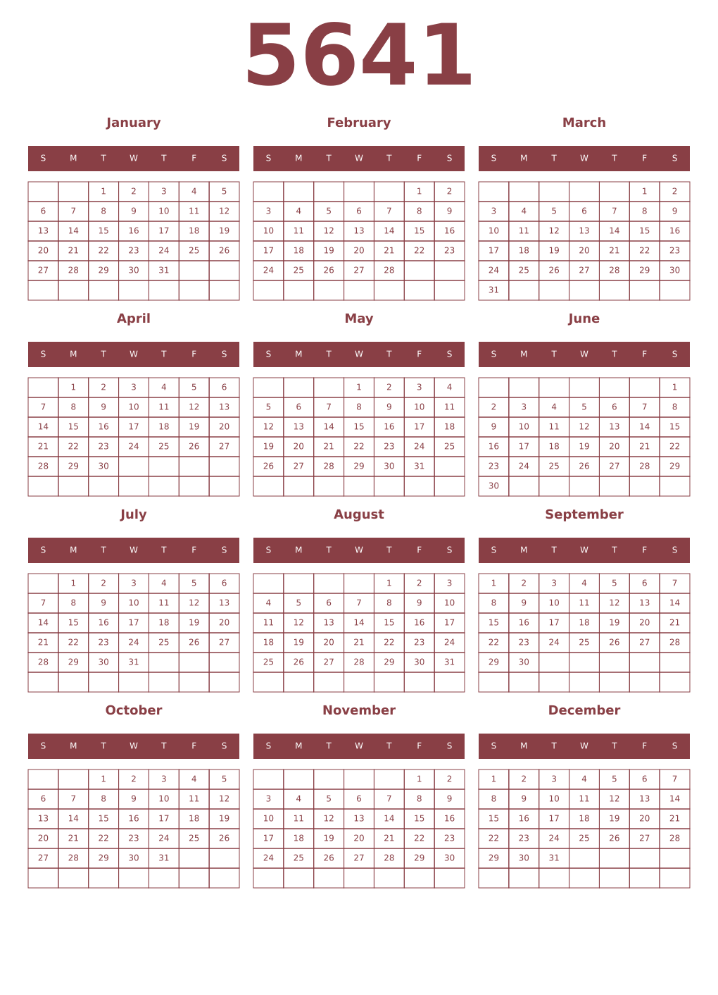 Printable 5641 Year Calendars cordovan