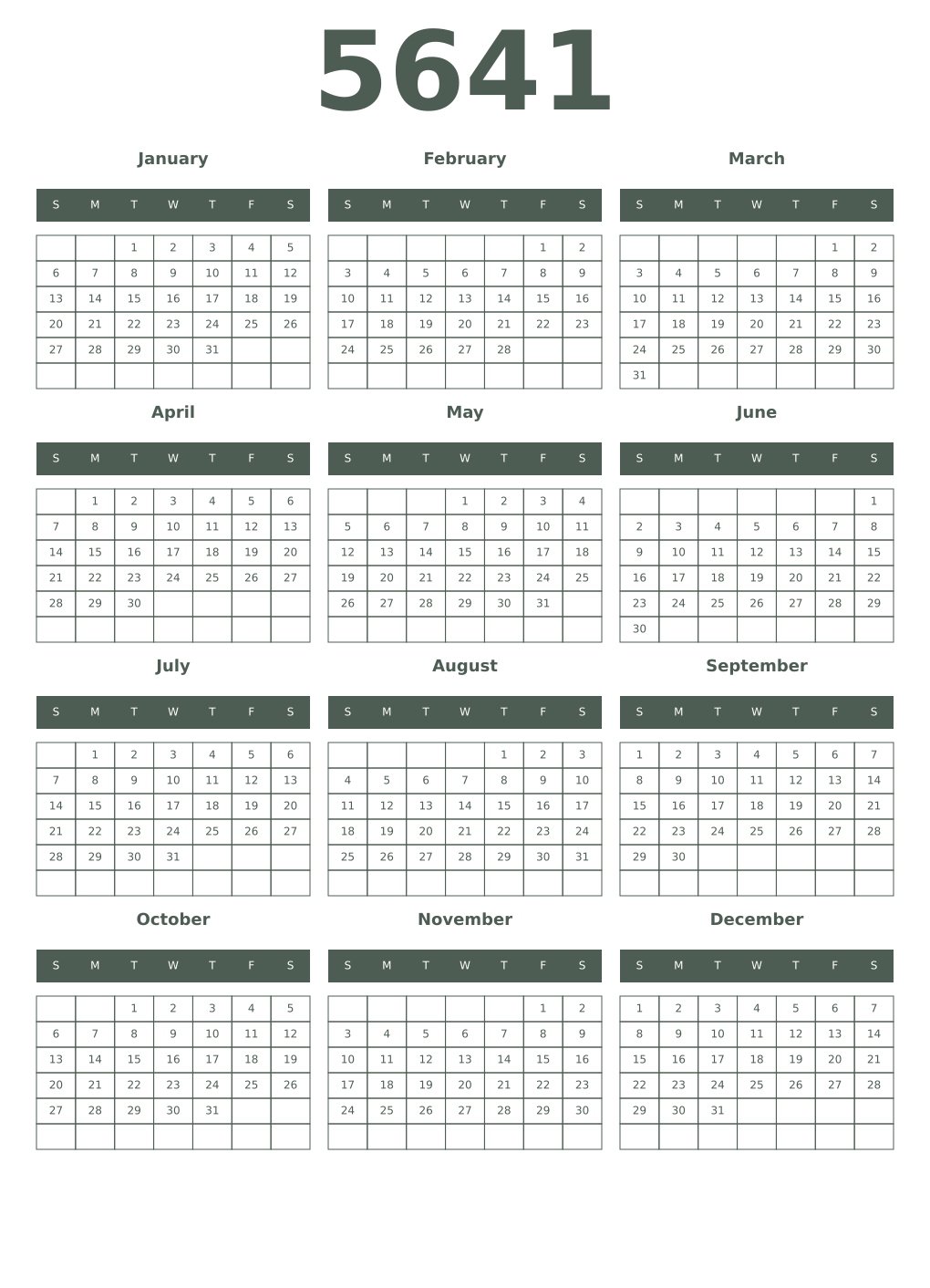 Printable 5641 Year Calendars feldgrau