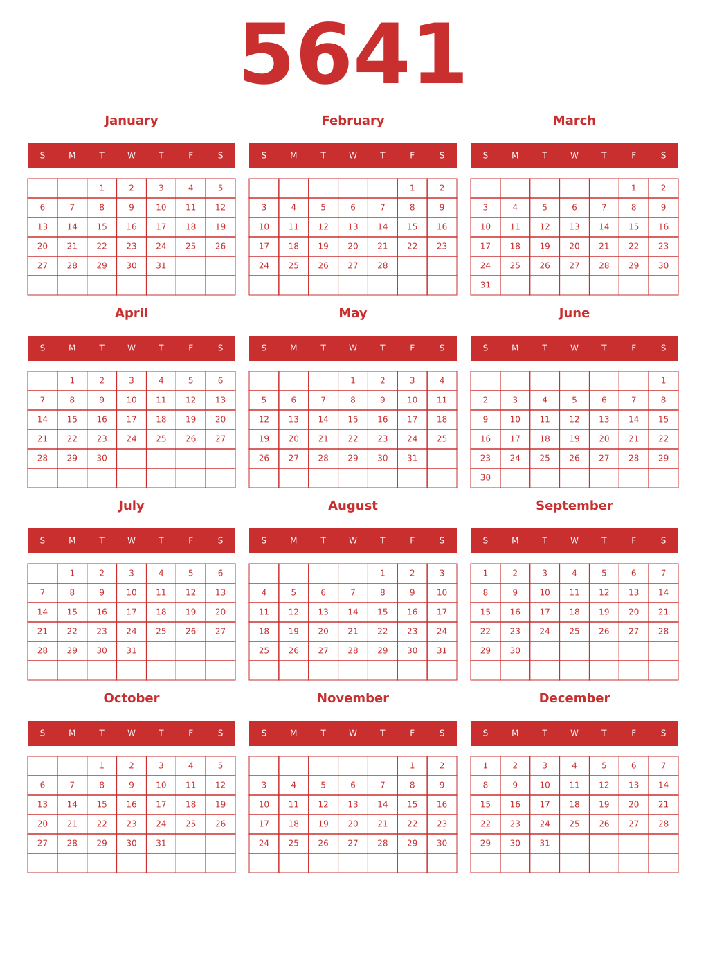 Printable 5641 Year Calendars red