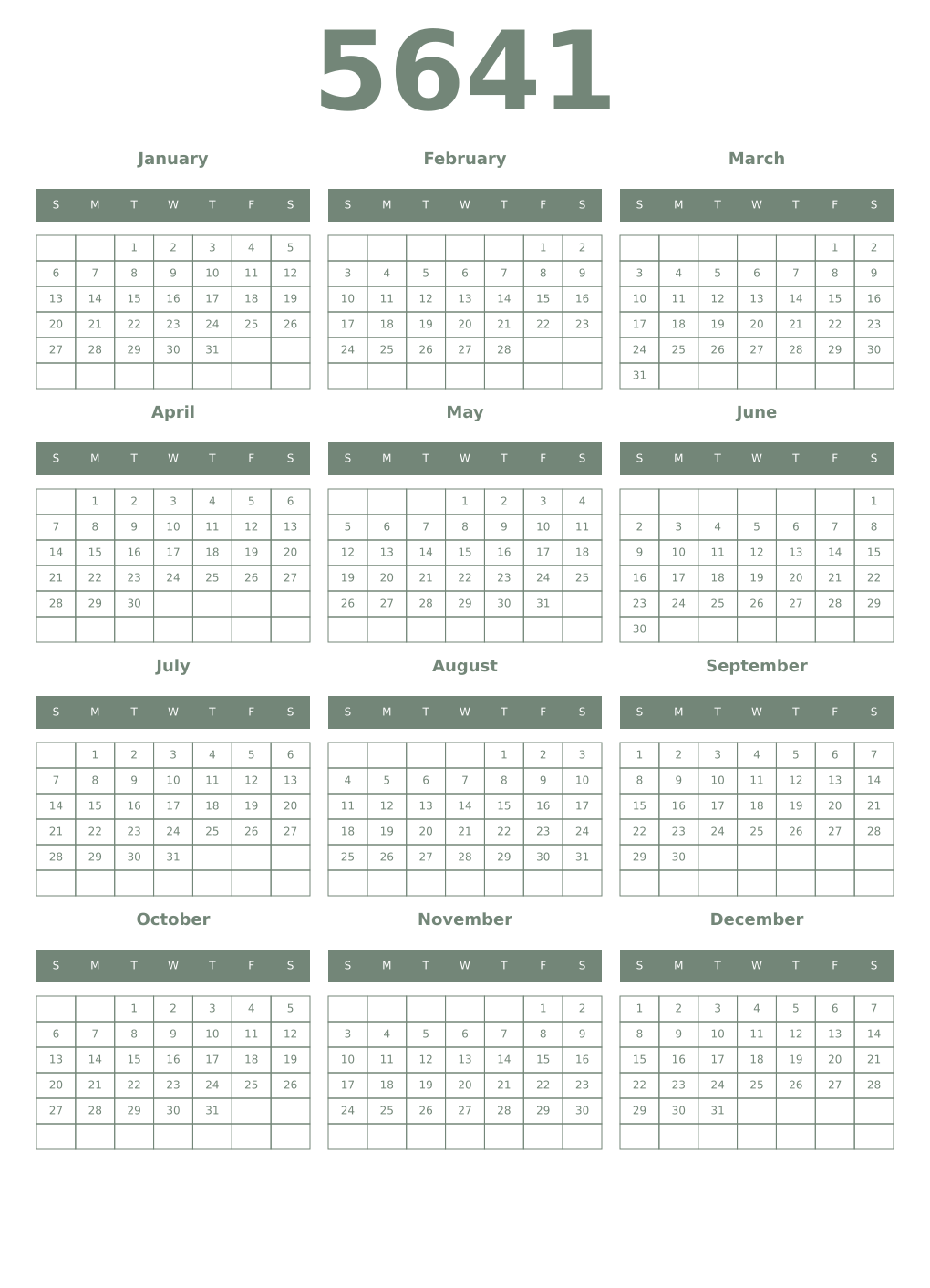 Printable 5641 Year Calendars xanadu