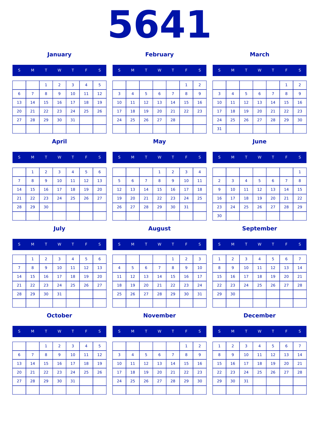 Printable 5641 Year Calendars zaffre