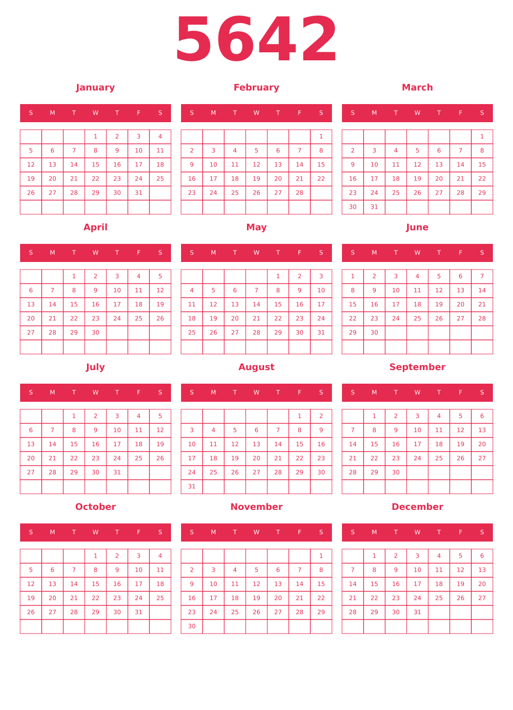 Printable 5642 Year Calendars amaranth