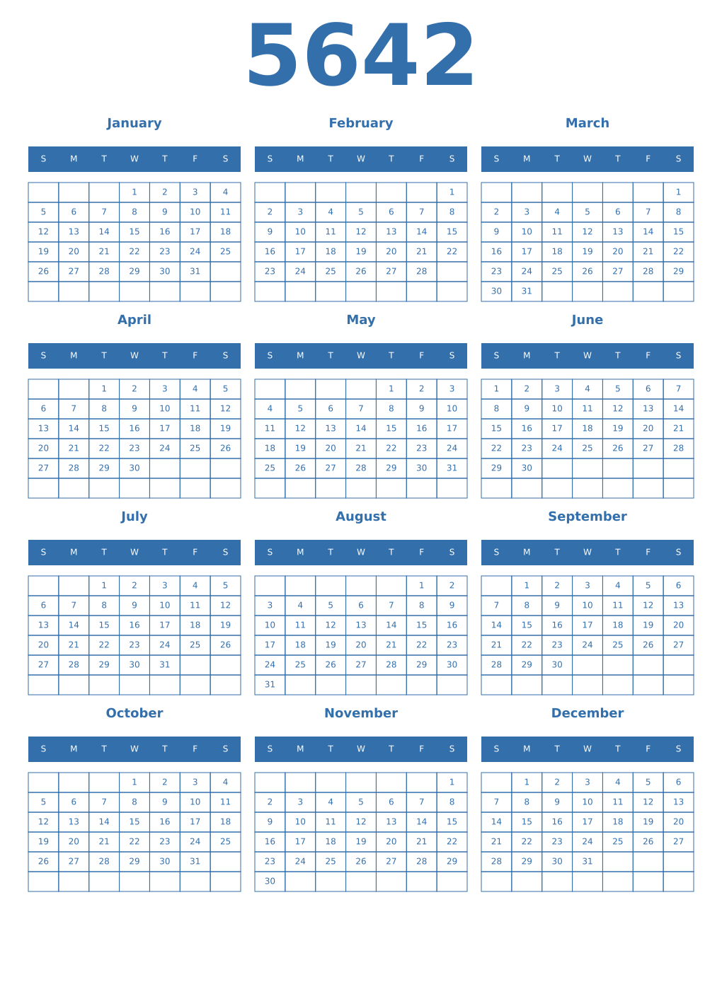 Printable 5642 Year Calendars blue