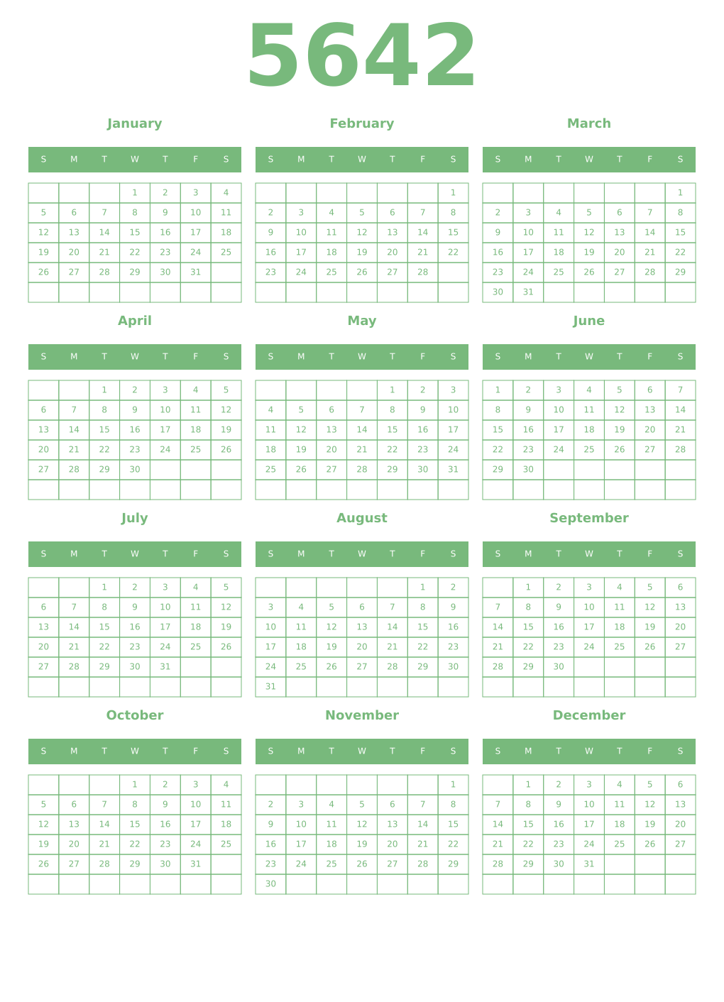 Printable 5642 Year Calendars celadon