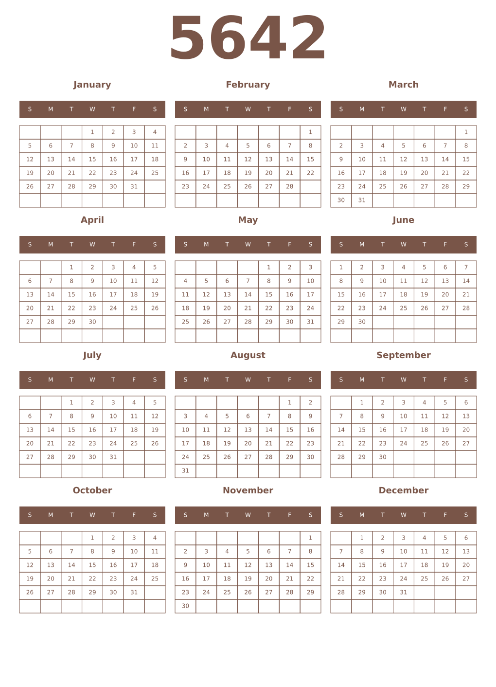 Printable 5642 Year Calendars coffe