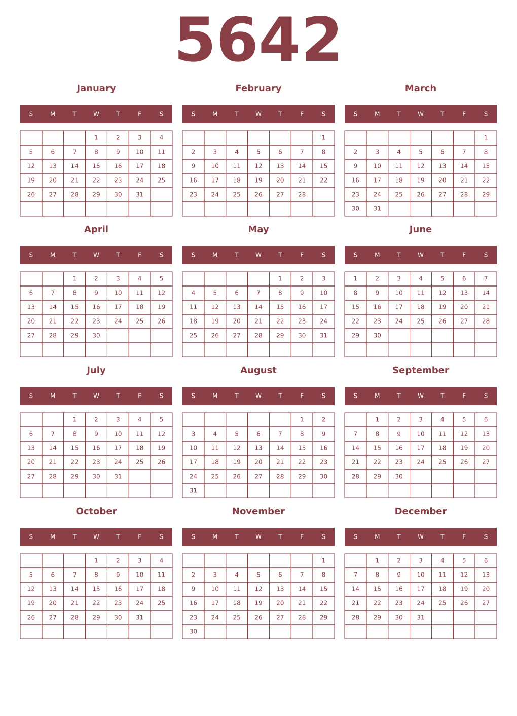 Printable 5642 Year Calendars cordovan
