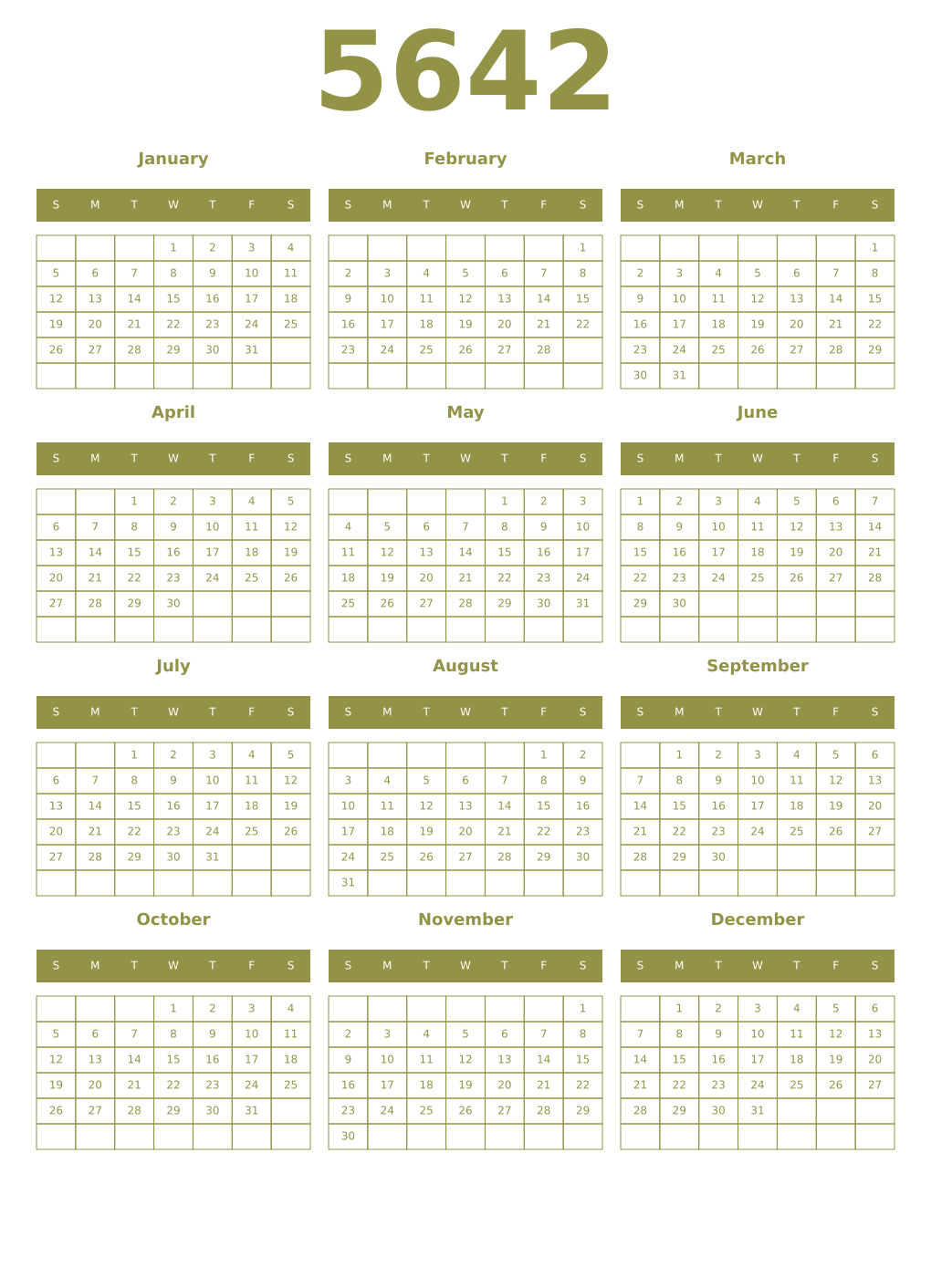 Printable 5642 Year Calendars eburnean