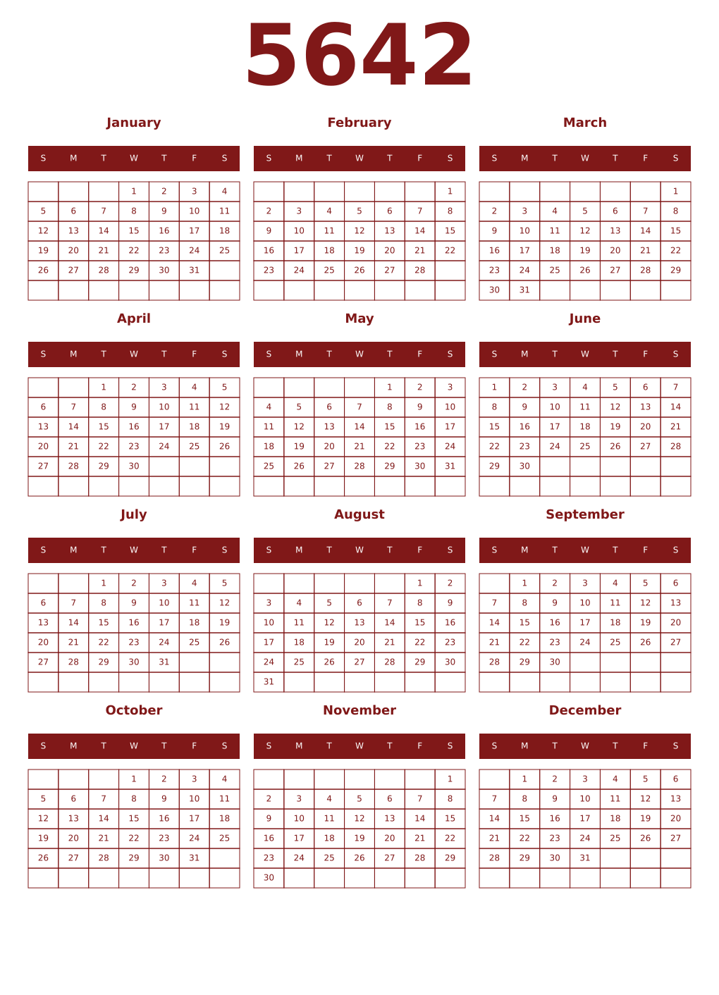 Printable 5642 Year Calendars falu