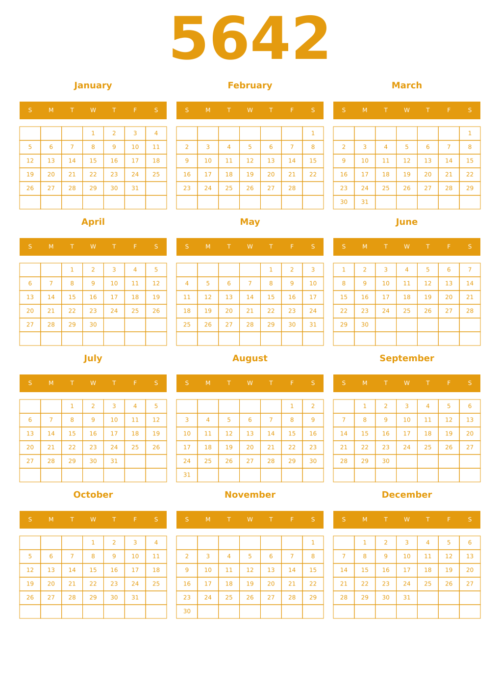 Printable 5642 Year Calendars gamboge