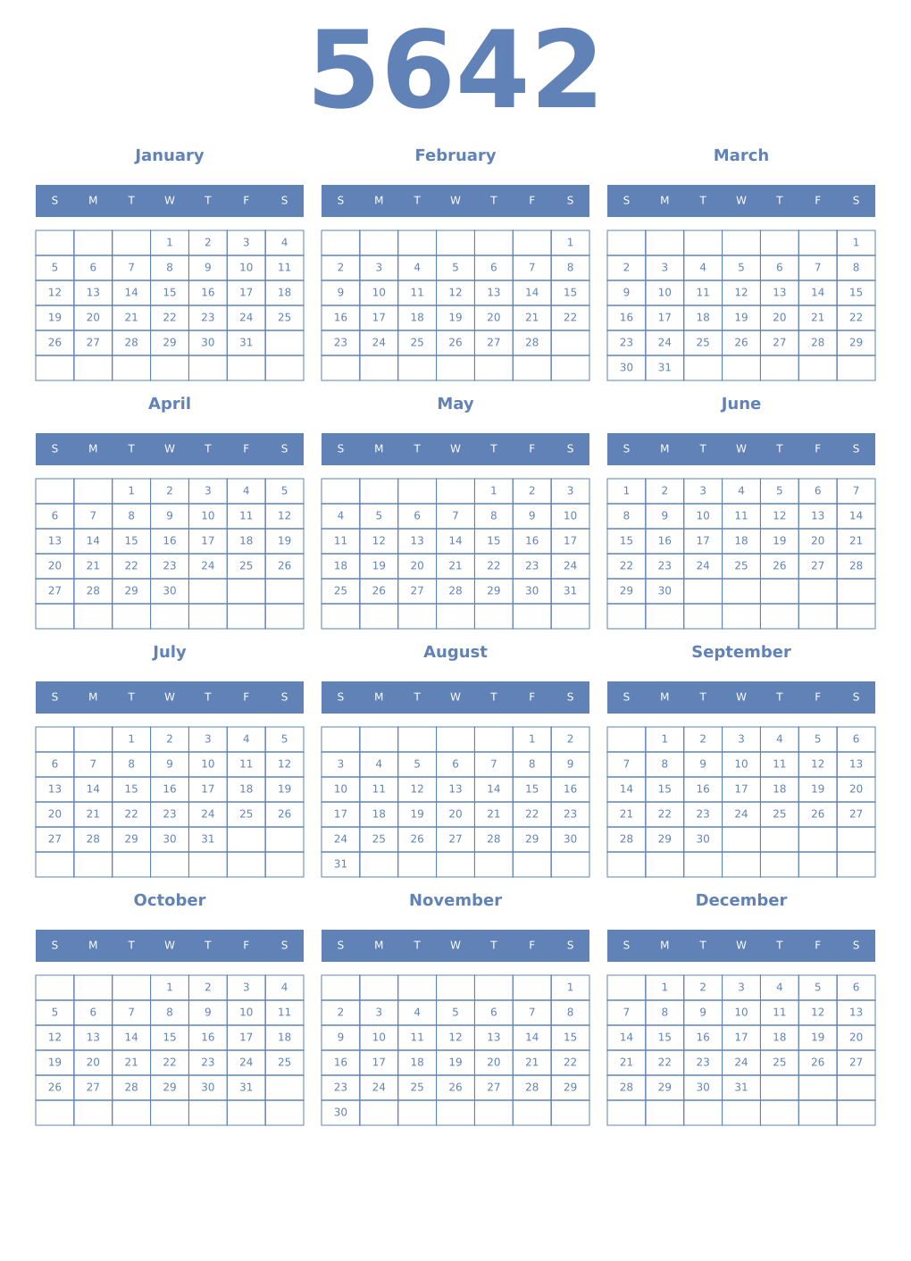 Printable 5642 Year Calendars glaucous