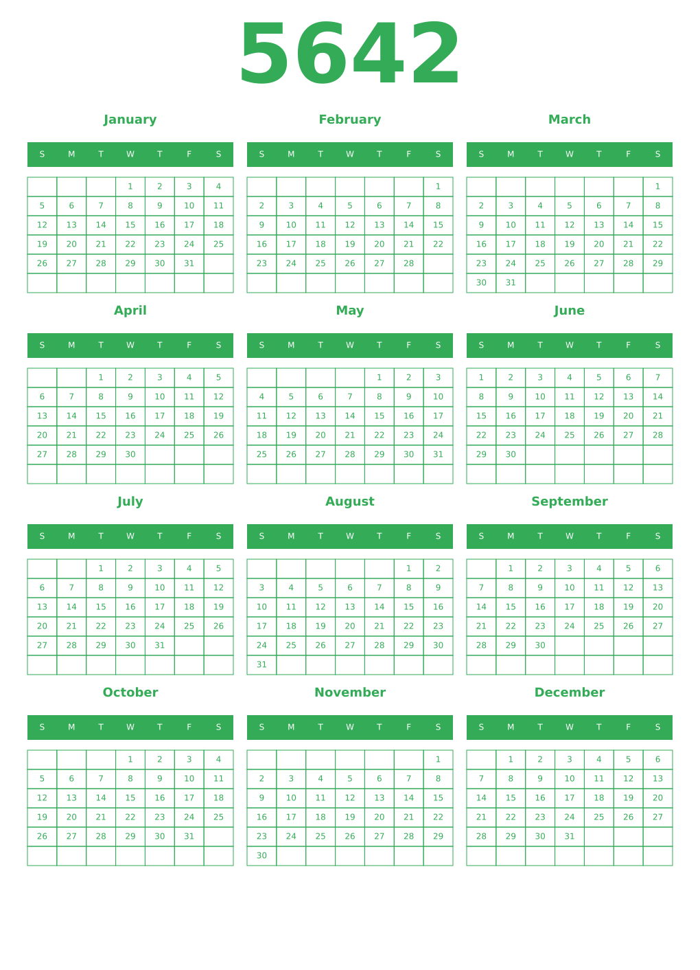 Printable 5642 Year Calendars green