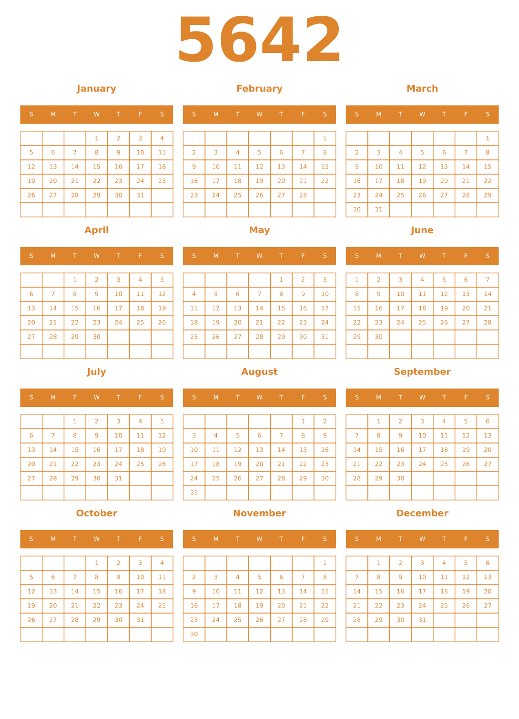Printable 5642 Year Calendars orange