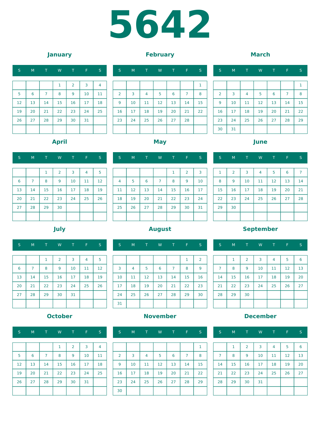 Printable 5642 Year Calendars pastel
