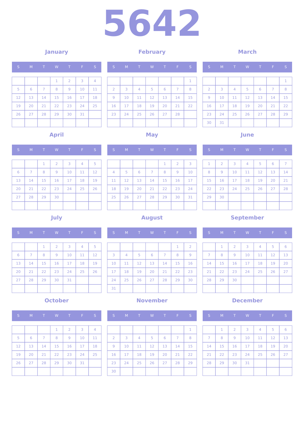Printable 5642 Year Calendars periwinkle