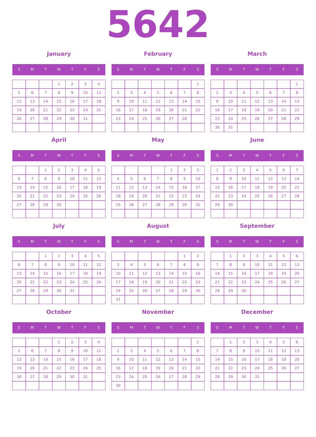 Printable 5642 Year Calendars purple