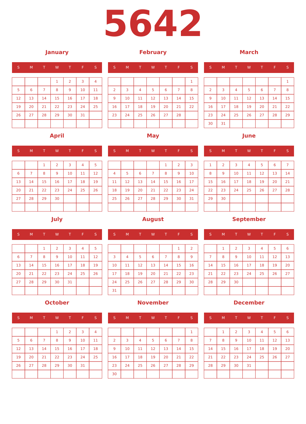 Printable 5642 Year Calendars red