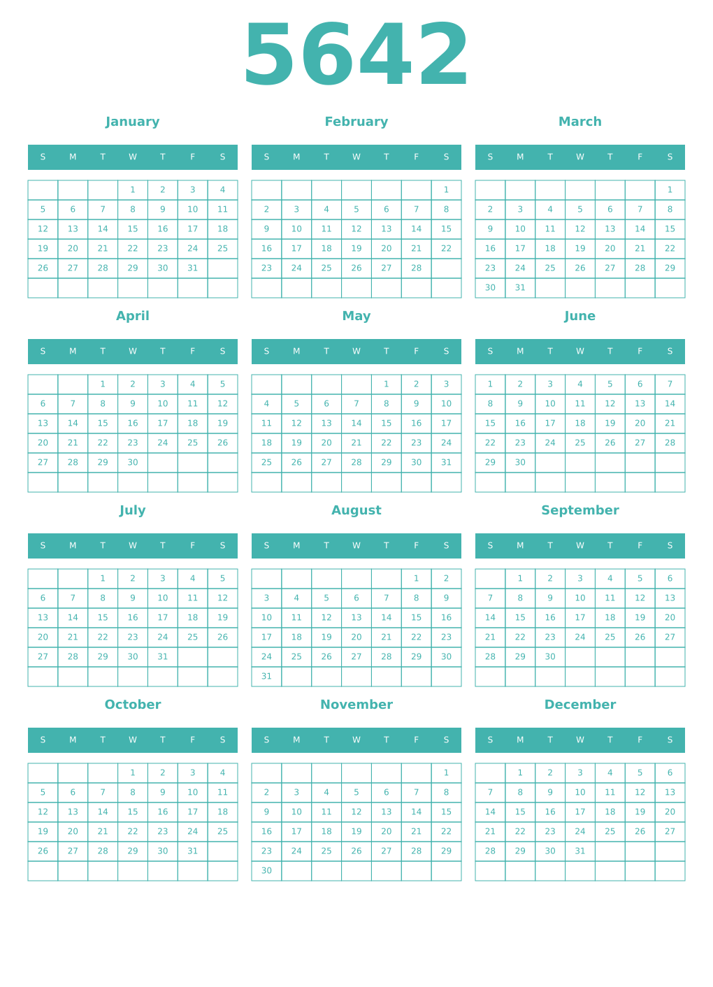 Printable 5642 Year Calendars verdigris