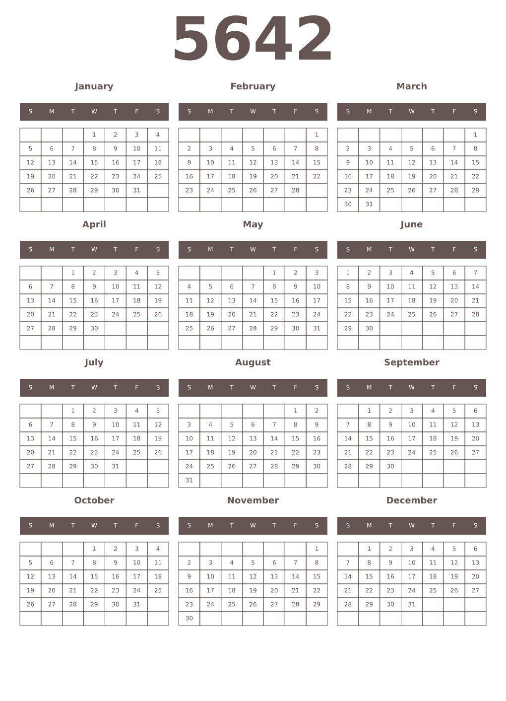 Printable 5642 Year Calendars wenge