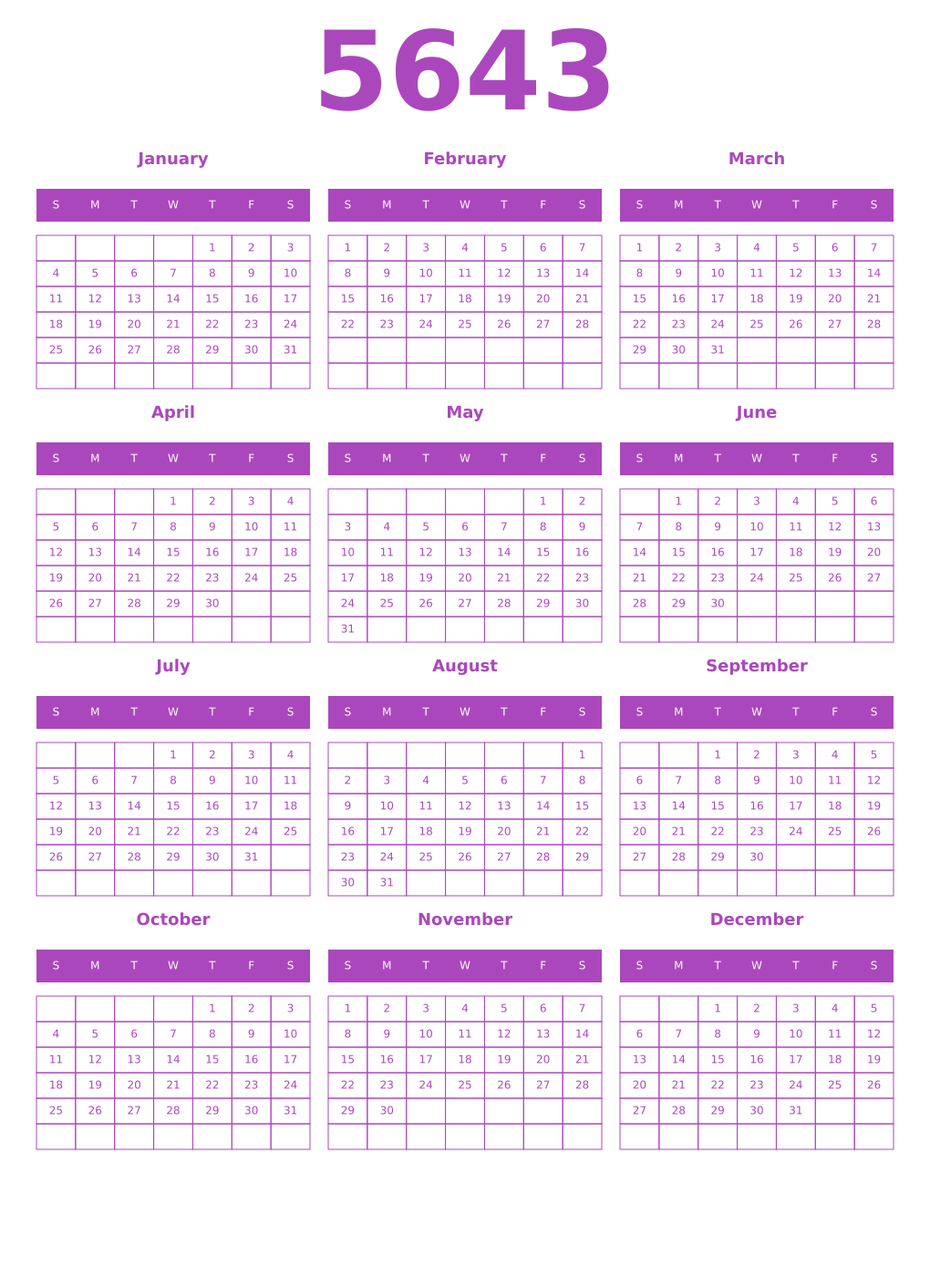 Printable 5643 Calendars