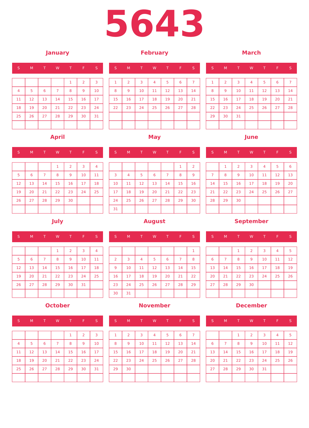 Printable 5643 Year Calendars amaranth