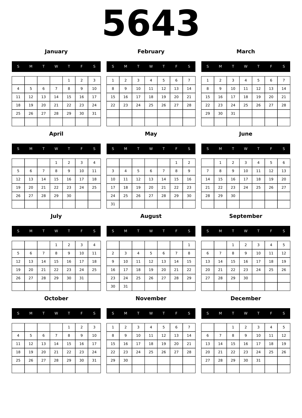 Printable 5643 Year Calendars black