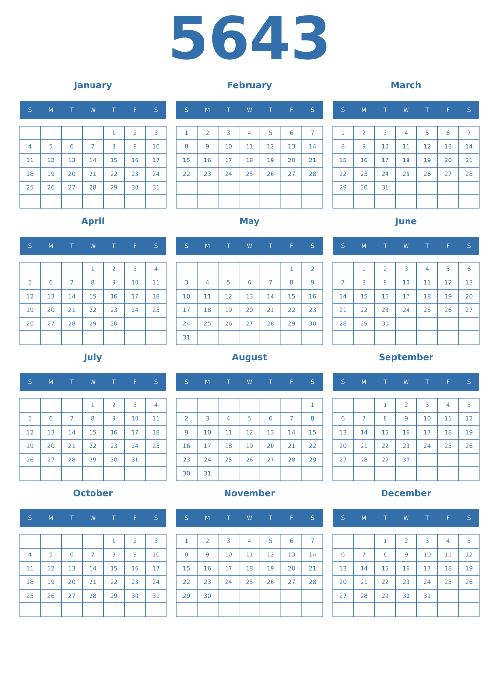 Printable 5643 Year Calendars blue
