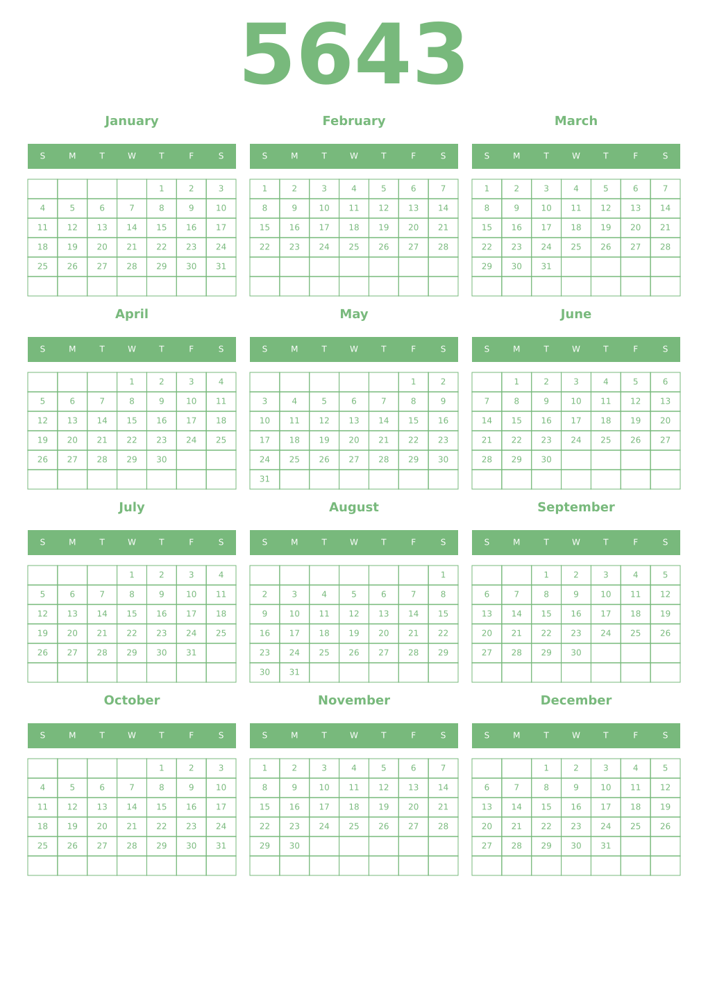 Printable 5643 Year Calendars celadon
